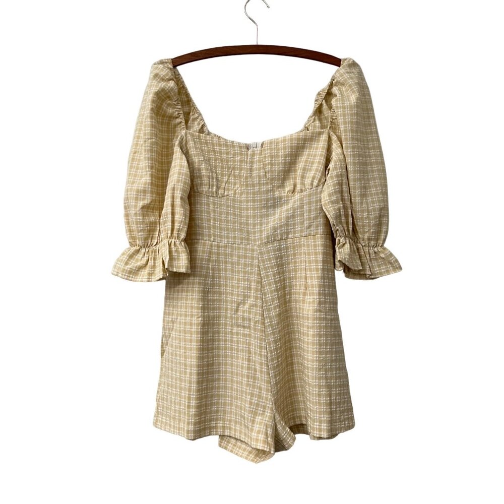 Nasty Gal Womens Beige Check Print Sweetheart Neck Puff Sleeve Romper Sz 8 NWT